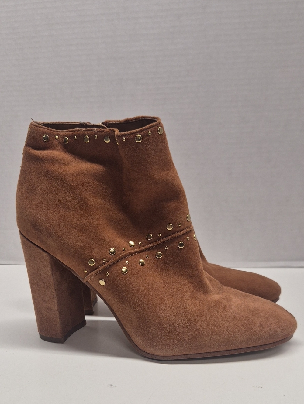 Sam Edelman Chandler Ankle Boots Suede Studded High Heel Block Tan Brown Gold 9
